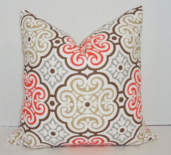Coral Tan Grey White Floral Print Decorative Pillow Cover