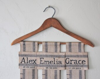 Handmade Custom Personalized FAMILY Growth Chart on Vintage Hanger with Red, Blue, Purple or Black Trimmed Jute Webbing