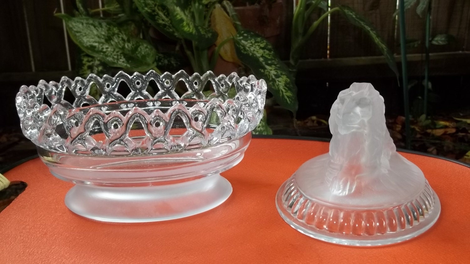 Vintage Imperial Glass Frosted Lion Candy Dish Covered Dish