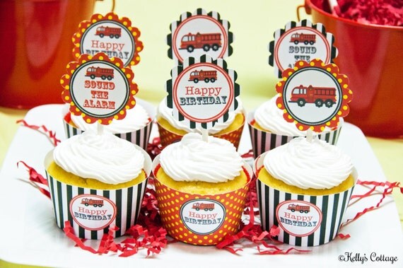 Fire Truck Birthday Party Cupcake Kit- 2 Inch Party Circles and Cupcake Wrappers, Instant Download, Printable Il_570xn