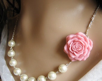 SET of 5 Rose pearl necklace, bridal, bridesmaids necklace, wedding jewelry - F008 (Choose your pearl colour)