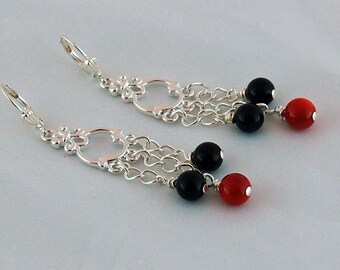 Coral and Onyx Fleur de Lis Chandelier Earrings
