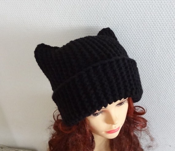 BLACK Cat Ears Hat Cat Beaie Chunky Knit Winter by Ifonka on Etsy