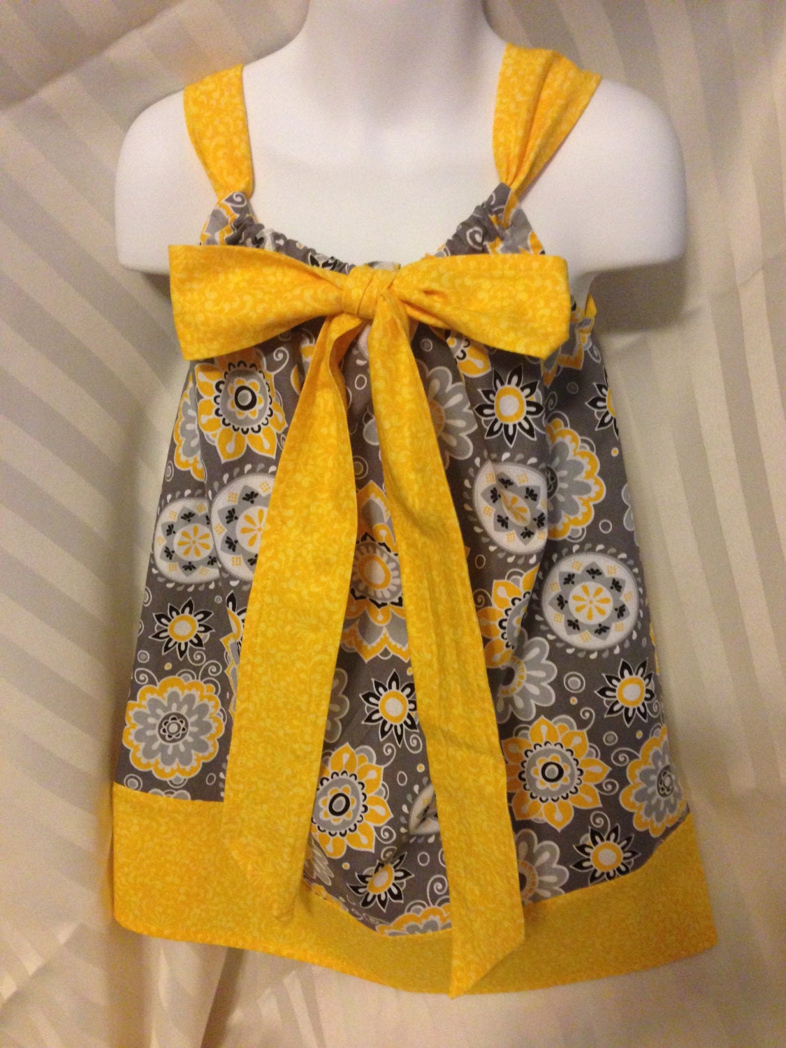Gray and Yellow Cotton Pillowcase Sundress with Center Bow