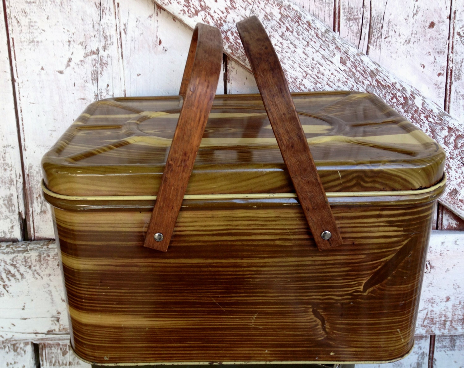Vintage picnic basket metal wood handles Brown Faux Bois Wood