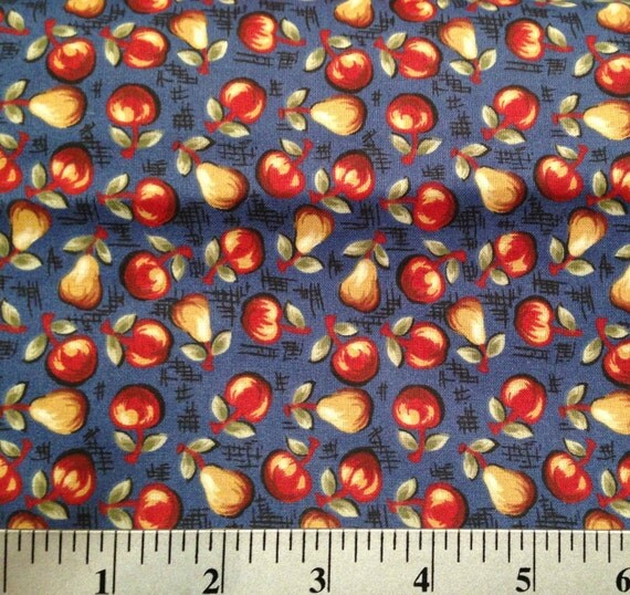 1 yard cotton fabric Apples and Pears on Navy by AshlandFabrics