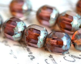 Czech glass beads - Amber Pink picasso beads, rare color - fire polished, glass beads - 10mm - 10Pc - 2483