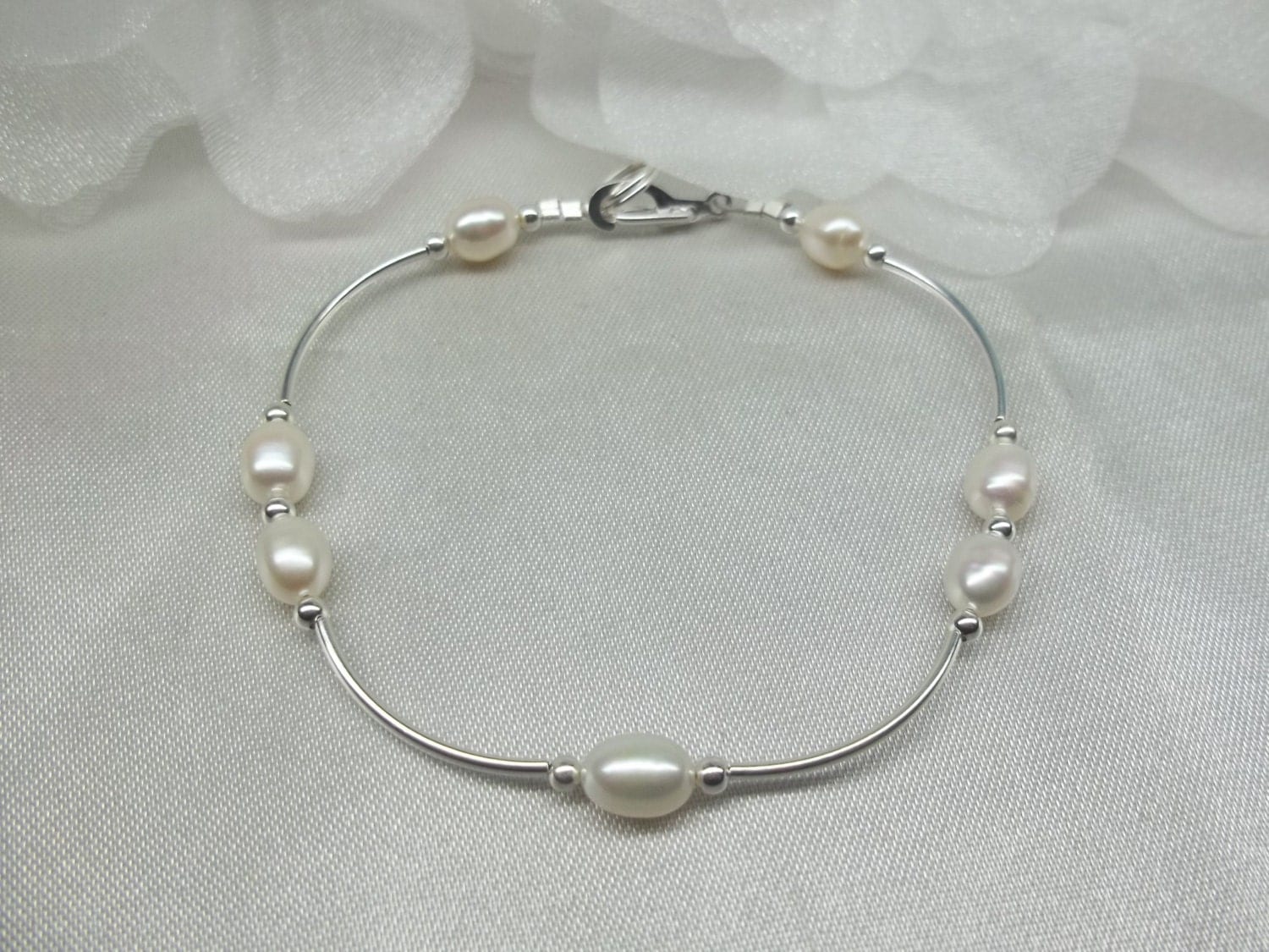 White Pearl Bracelet Adjustable Bracelet 925 Sterling Silver