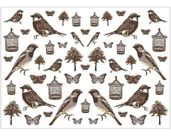 Vintage Style Bird & Butterfly Print Decoupage Paper - Craft Decorate - Pack 10 Sheets - Monochrome