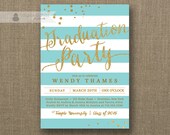 Gold & Aqua Graduation Party Invitation Gold Glitter Turquoise Teal Horizontal Stripes Modern Bachelorette DIY Digital or Printed- Wendy Il_170x135
