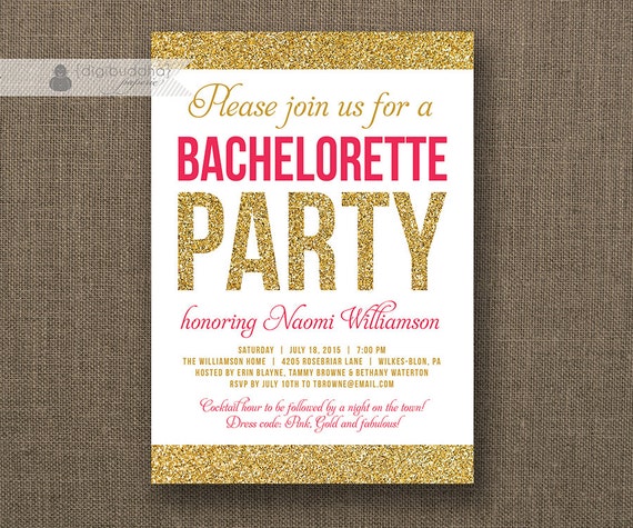 Pink & Gold Glitter Bachelorette Party Invitation Modern