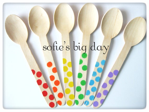 Hand Stamped Wooden Spoons, Rainbow Polka Dot Ice Cream Wooden Spoons, Disposable Wooden Spoons, 25 Count Il_570xn