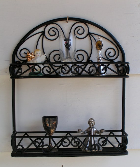 50s Black Wrought Iron Hanging SHELF Two Level Indoor Outdoor