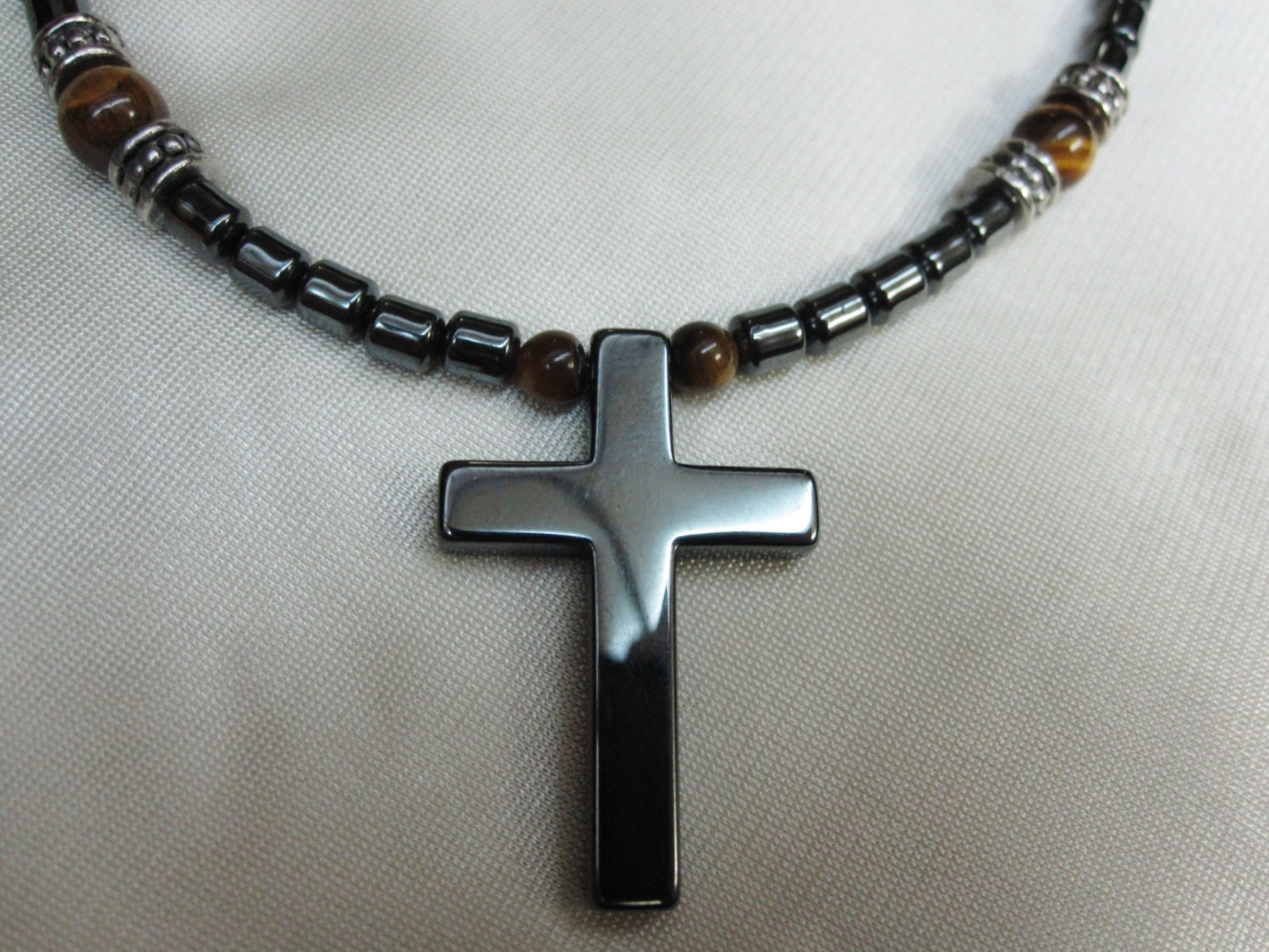 Mens Bold Hematite Cross Necklace 19 Inches Inches With Tigers