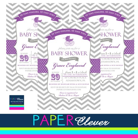 Girls baby shower invitations purple, carriage, - digital file, printable #178 Il_570xn