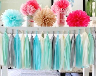 Aqua, Mint Green, Cream, Grey Tissue Paper Tassel Garland- Wedding, Birthday, Bridal Shower, Baby Shower, Garden Party Decorations