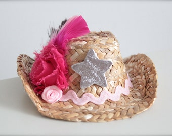 Light Pink, Hot Pink and Brown MINI Cowgirl Straw Hat/Headband - made to match the Cowgirls Rule Tutu