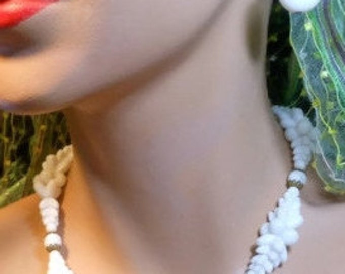Milk glass choker and screw back earrings 1940s hand tied with extender bride worthy.