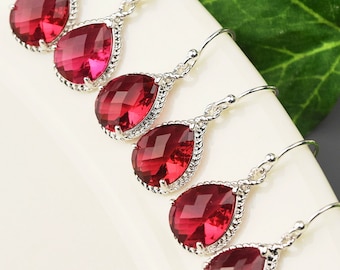 Bridesmaid Earrings Set of 6 Crystal Teardrop Earrings - Red Earrings - Bridesmaids Jewelry Set - Bridesmaid Gifts - Bridal Party Gifts