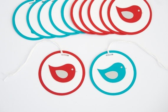 Set of 12 Bird Tags, Baby Shower Decoration, Turquoise and Red Il_570xn