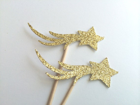 20 Gold Glitter Shooting Star Toppers. Food Pick Sandwich