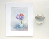 Crocuses Tulip Bouquet, Watercolor Painting GiclÃ©e Print Flowers Botanical Floral Spring Bouquet Purple Blue Gray Orange Red Still Life