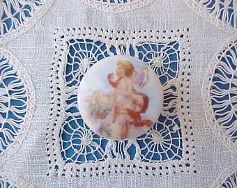 Beautiful Victorian Era Hand Painted Porcelain Button Stud with Little Angel