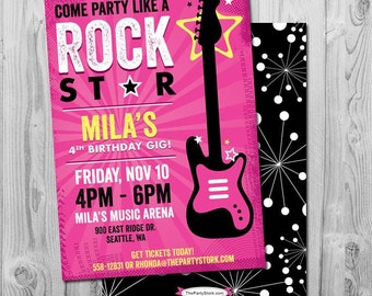 Rock Star Birthday Party Invitation | Printable Girls Party Invite | Black Pink Theme | See our shop for Kids Rockstar Decorations and Ideas