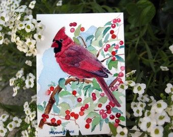 ACEO Limited Edition (4/25) of an ACEO original watercolor painting - Spark of Ruby - Bird miniature art by Annal Lee