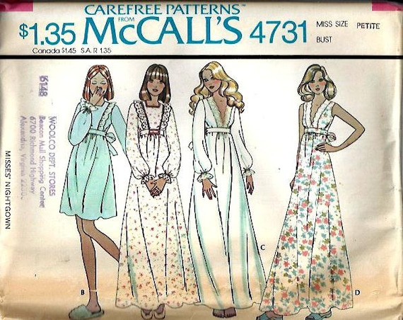 VTG McCall&quot;s 4731 Misses V Plunge Nightgown and Pinafore Look Nightgown Pattern, Size Petite, UNCUT