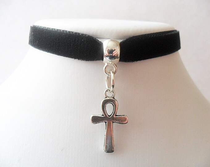 Velvet choker necklace with silver tone egypt ankh charm pendant and a width of 3/8”, Ribbon Choker Necklace