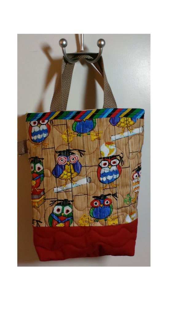 Kids owl tote bag, small quilted tote bag, Leap pad tote, book bag