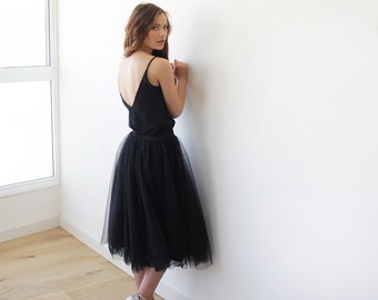Tulle midi black skirt, Knee length black tulle skirt, Black tulle skirt 3006