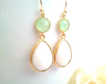 White Wedding earrings, Light Mint Dangle Earrings, Drop, bridesmaid gifts, Gemstone,Wedding jewelry,Dangle,Mother's Day Gift