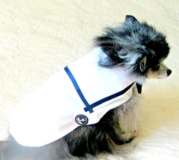 Small Dog's Sailor Shirt Made to Order - White Poly Cotton with Navy Blue Trim and Anchor Applique Maltese