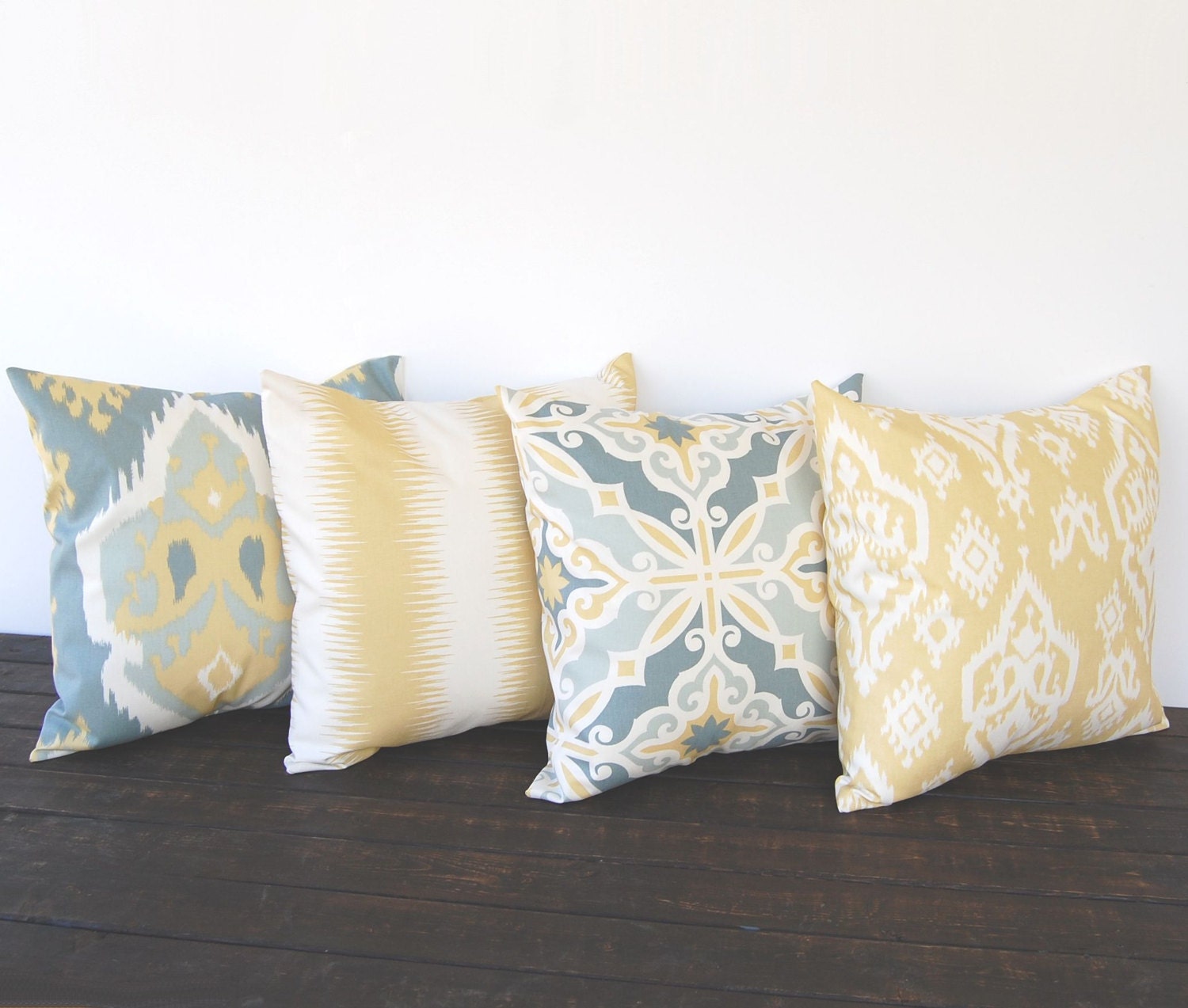 Throw pillow covers Set Of Four gray ivory saffron yellow Ikat