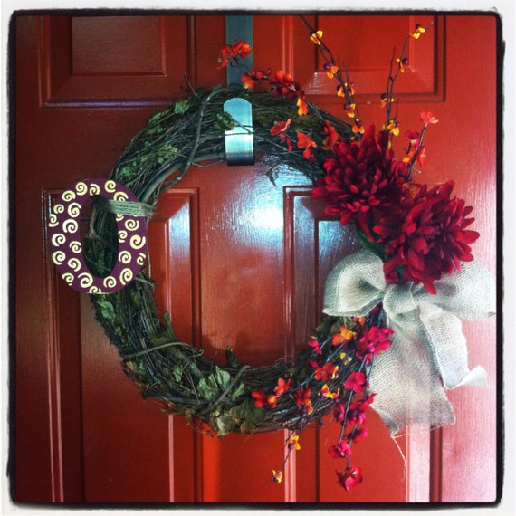 Items similar to Fall / Autumn Initial Wreath with Burlap Bow and ...