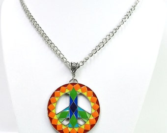 Multicolor Mosaic Peace Sign Symbol Pendant Necklace