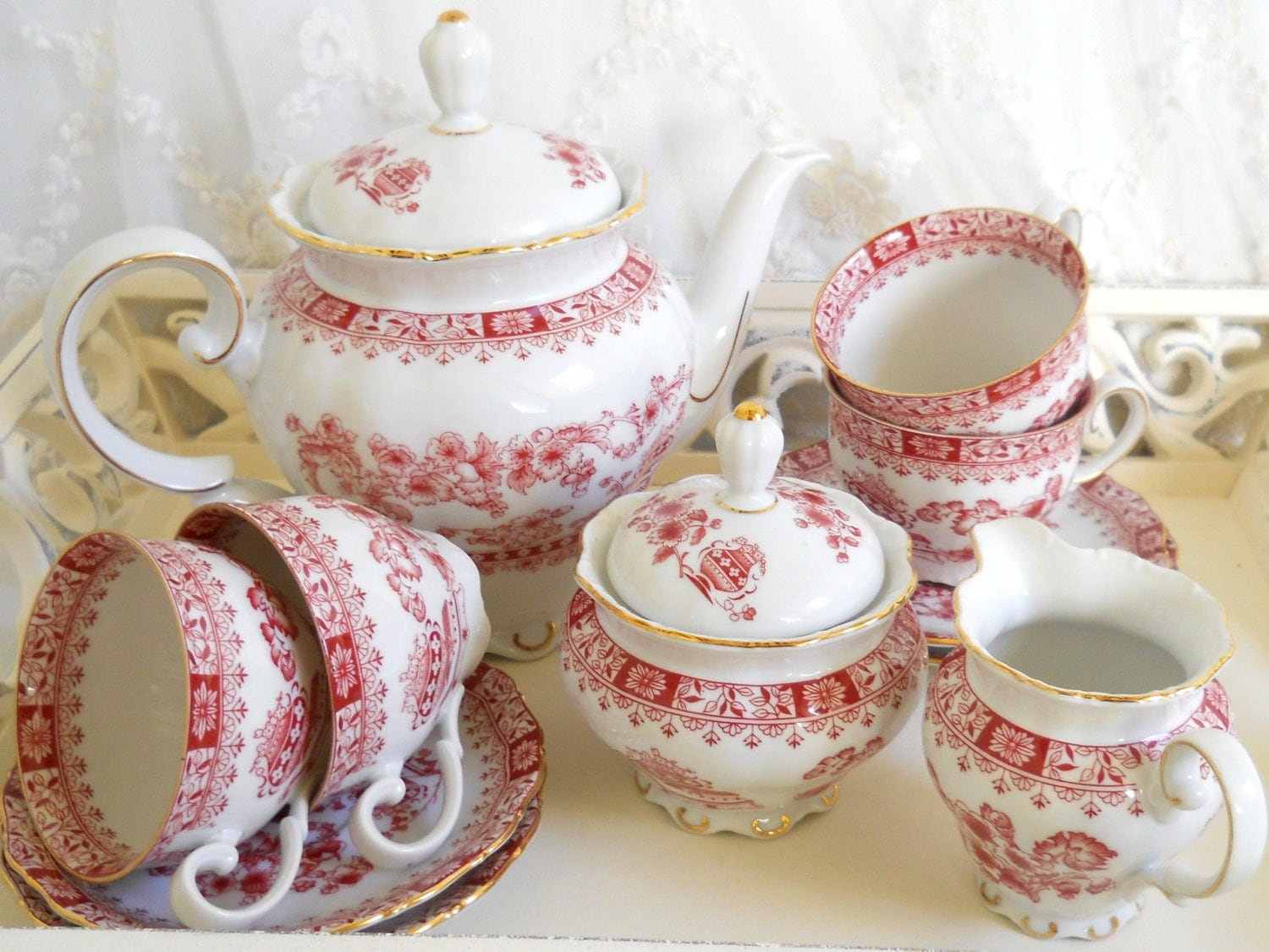 vintage tea service porcelain teapot vintage tea set red tea