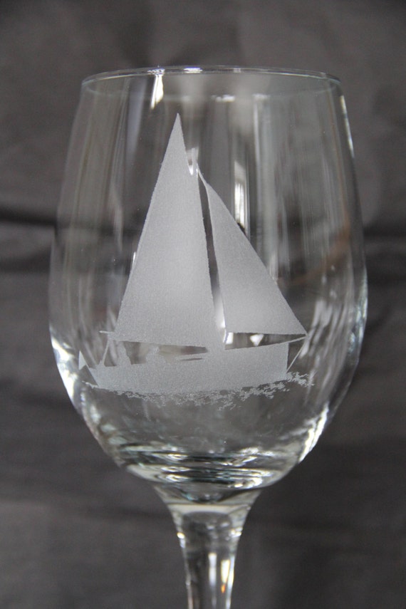 hand etched sailboat wine glass.