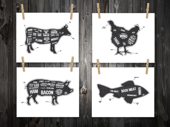4 Butcher Diagram Prints Cow Pig Fish Chicken Kitchen pig butcher diagram 