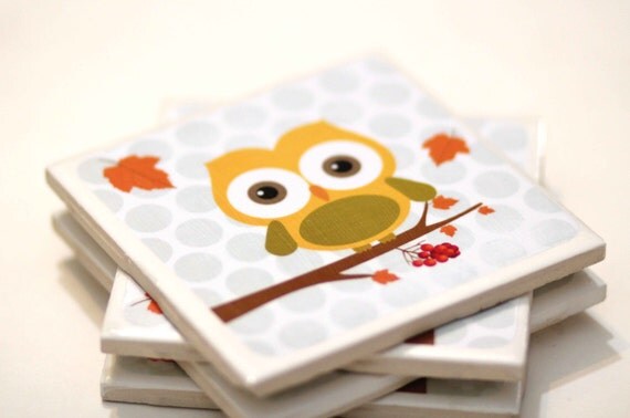 Fall Owl coasters, Fall Decor, Fall Coasters set of 4, Owl decor, ready to ship