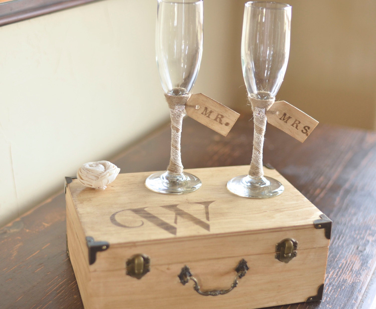 Wedding Toasting Glasses with Wooden Keepsake Box by Burlap
