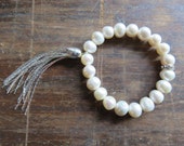 Freshwater White Pearls, Pave Rhinestones, Silver Tassel Elastic Bracelet ... Boho Glam. Natural. Layering.