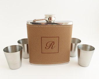 Custom Leather Flask Set Gift Personalized Monogrammed Engraved Boxed