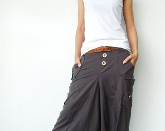 NO.95 Charcoal Cotton Jersey Casual Harem Pants, Unique Pockets Drop-Crotch Trousers, Unisex Pants