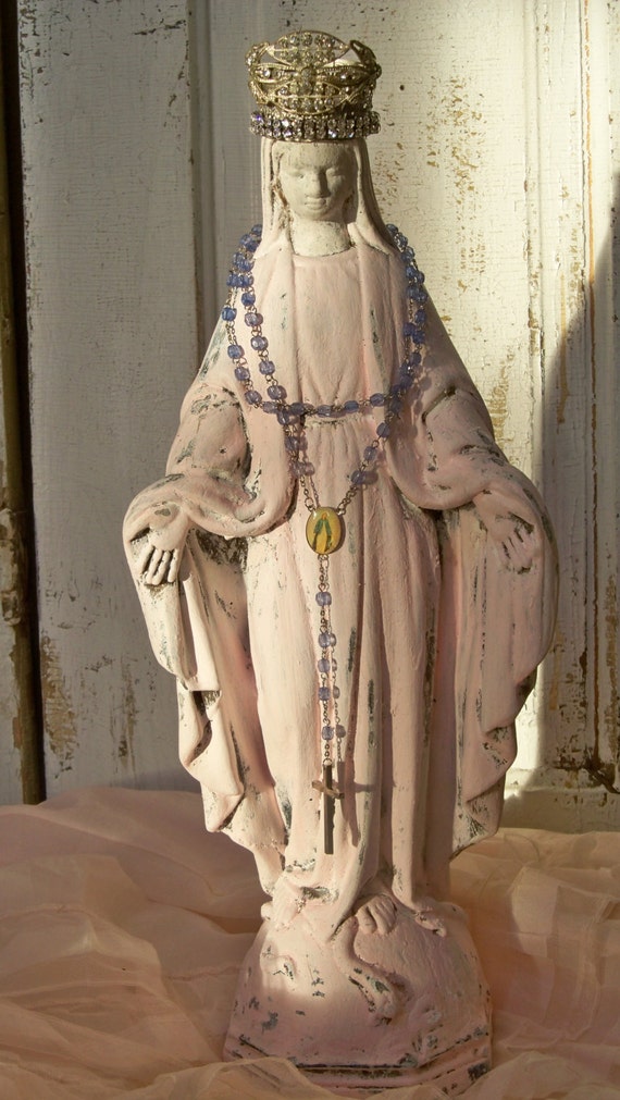 Virgin Mary cement statue with hand made crown shabby chic