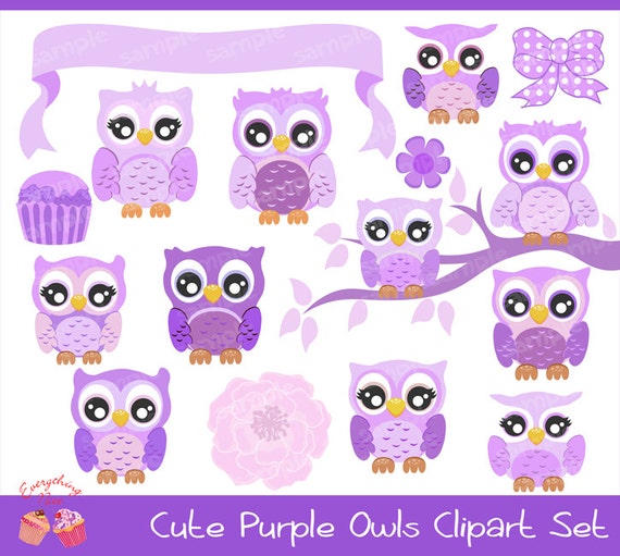 Cute Purple Owls Clipart Set