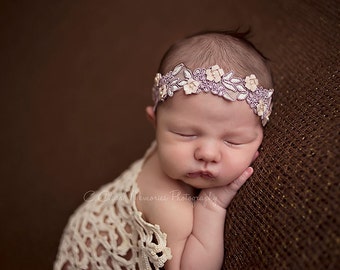 Newborn Headband, Newborn Photo Prop, Embellished Embroidery Headband, Newborn Flower Halo Headband, Ready to Ship