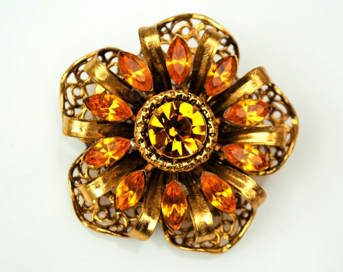 Rhinestone Flower Brooch - Amber Orange Crystal - Gold Filigree - Floral pin